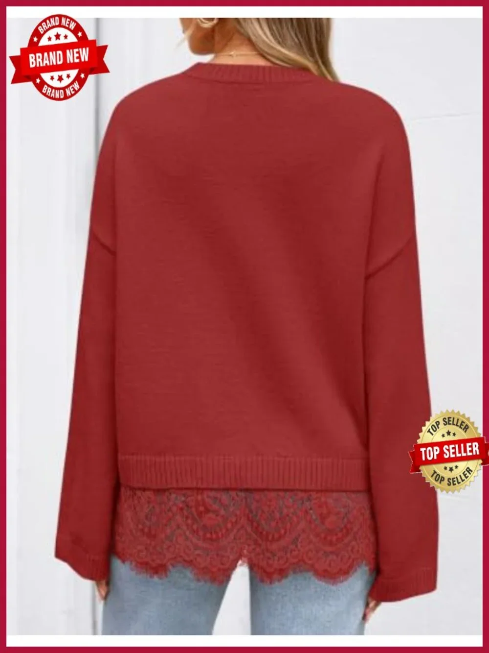 Lace Trim Crew Neck Sweater, Long Sleeve Drop Shoulder Pullover, Soft Knit Top